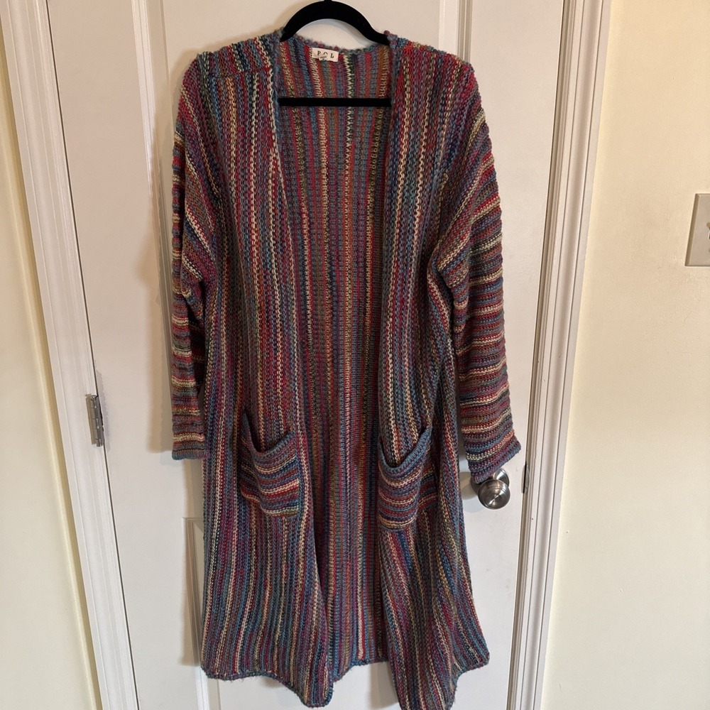 Pol Cardigan Sweater Small Chunky Knit Rainbow Stripe Duster‎ Open Front Boho